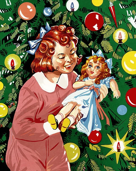 Girl Holding a Doll by a Christmas Tree