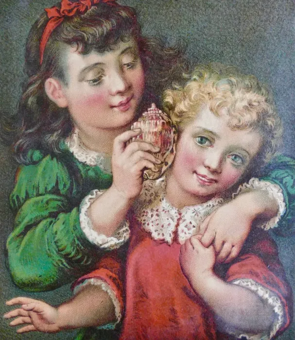 Framed Print : Girl holding a shell at the ear of her sister Framed Print : Girl holding a shell at the ear of her sister