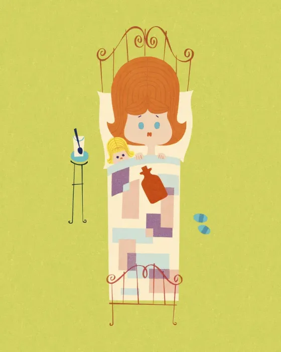 Framed Print : Girl Laying in Bed with Her Doll Framed Print : Girl Laying in Bed with Her Doll
