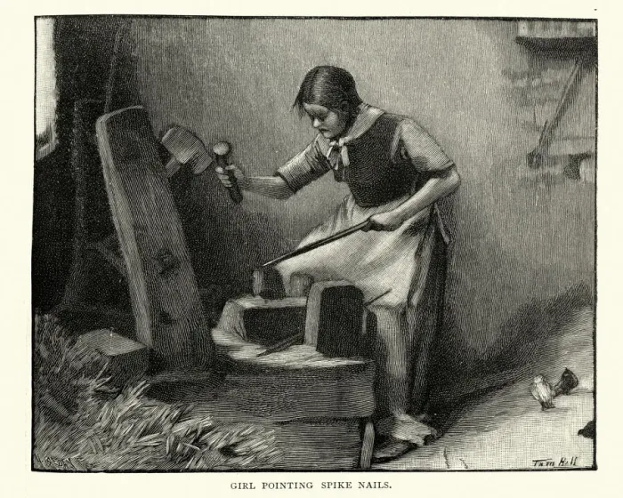 Framed Print : Girl making spike nails in a victorian factory, 19th Century Framed Print : Girl making spike nails in a victorian factory, 19th Century
