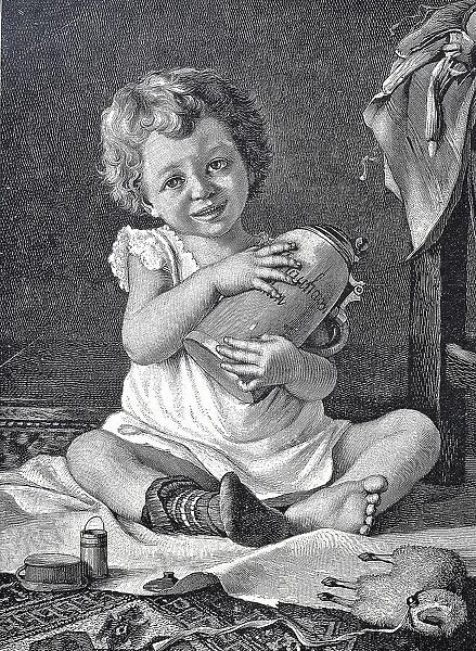 Girl with a Mass, Masskrug, beer mug, symbolic of Muenchner Kindl, meaning Munich child in the Bavarian German dialect and the name of the symbol on the coat of arms of the city of Munich, 1880, Germany, Historic