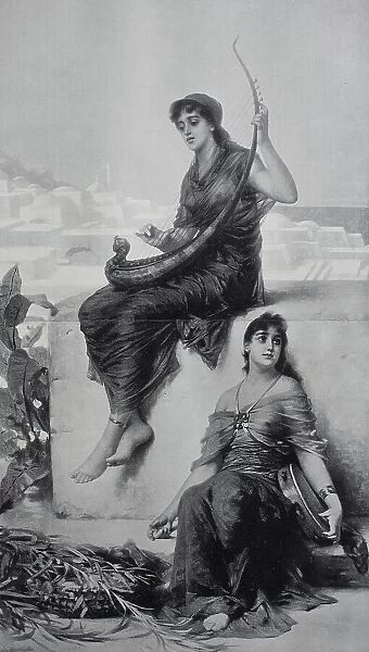 Girl with Musical Instruments in Tangier, Morocco, Historic, digital reproduction of an original 19th-century painting