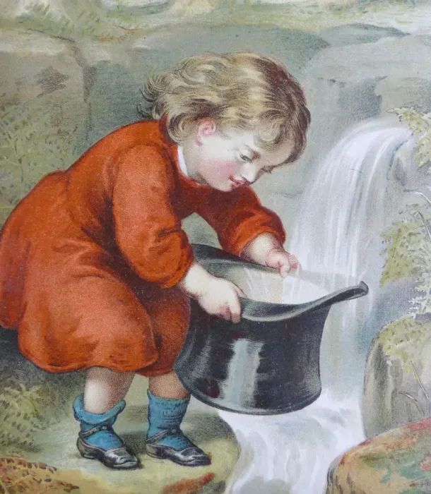 Framed Print : Girl outdoor at waterfall is filling a hat with water Framed Print : Girl outdoor at waterfall is filling a hat with water