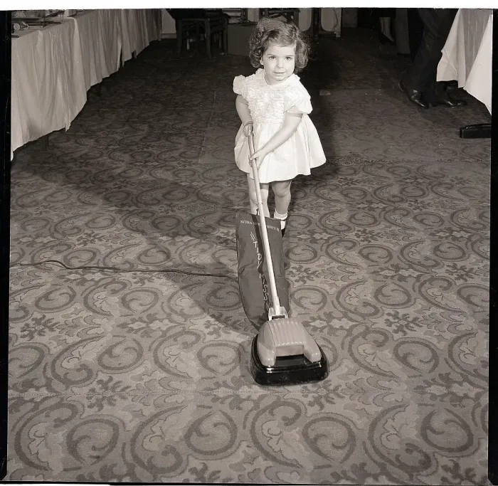 Framed Print : Girl Playing with Toy Vacuum Cleaner Framed Print : Girl Playing with Toy Vacuum Cleaner