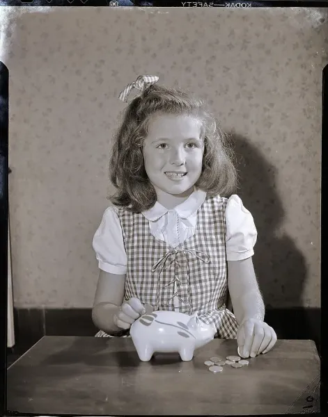 Vintage Print of Girl Saving Money in Piggy Bank, Art