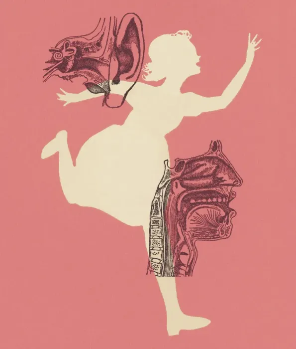 Framed Print : Girl Running With Ear and Mouth Illustrations Framed Print : Girl Running With Ear and Mouth Illustrations