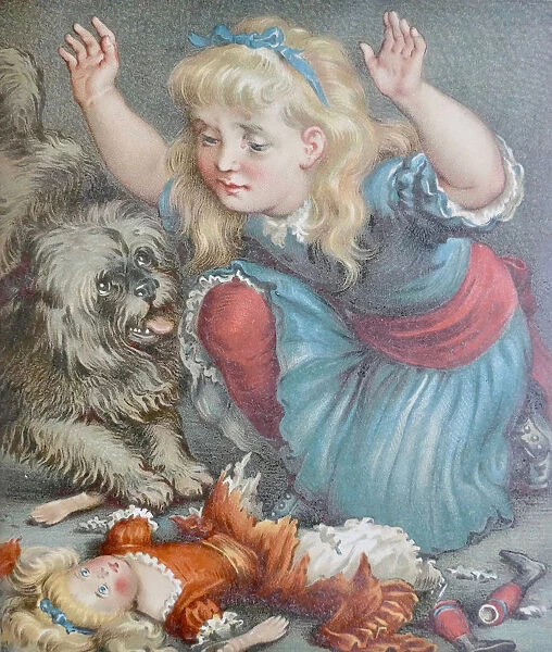 Girl shouting at her dog for having destroyed her puppet