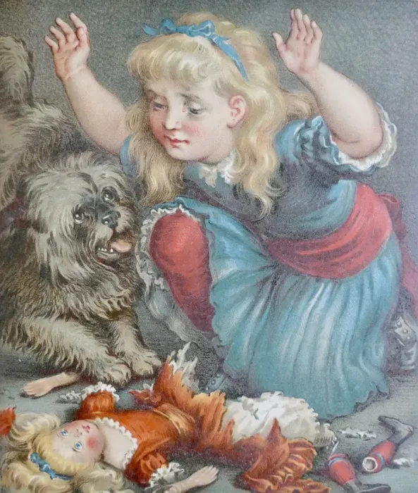 Framed Print : Girl shouting at her dog for having destroyed her puppet Framed Print : Girl shouting at her dog for having destroyed her puppet