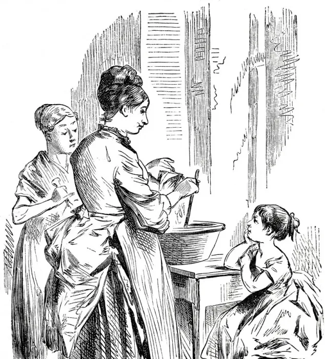 Framed Print : Girl sitting in kitchen watching mother cooking Framed Print : Girl sitting in kitchen watching mother cooking