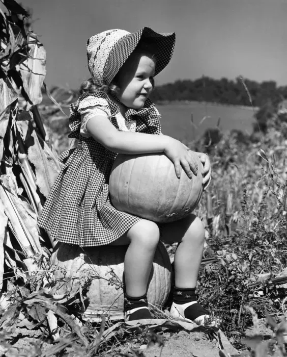 Framed Print : Girl sitting on pumpkin, wearing sun bonnet