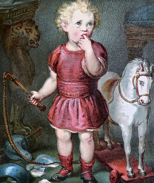 Girl standing with whip between his toys with a broken vase