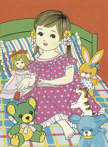 Girl with stuffed animals