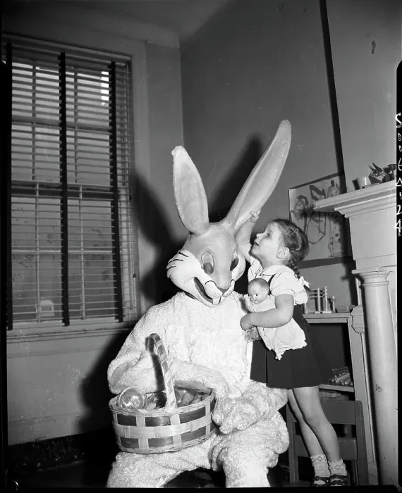 Framed Print : Girl Talking to Man in Rabbit Costume Framed Print : Girl Talking to Man in Rabbit Costume