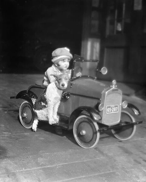 Girl in toy pedal car with dog sitting on running board