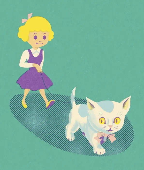 Framed Print : Girl Walking a Kitten on a Leash Framed Print : Girl Walking a Kitten on a Leash
