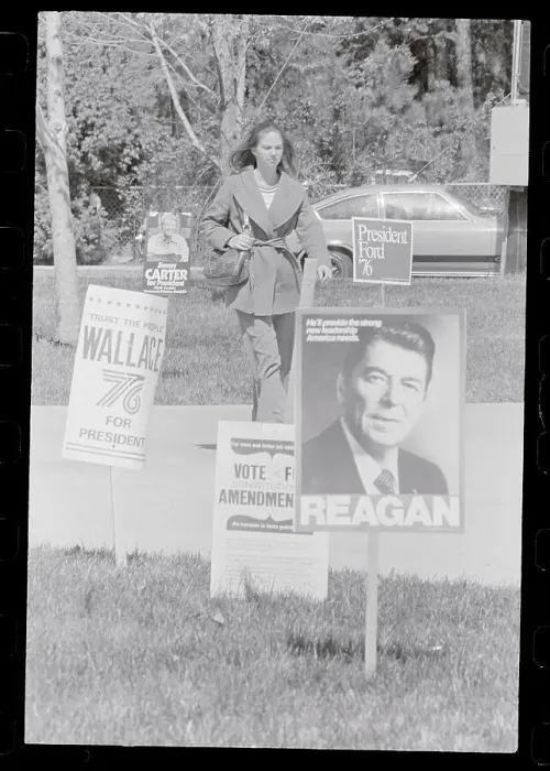 Framed Print : Girl Walking Past Reagan Placards Framed Print : Girl Walking Past Reagan Placards