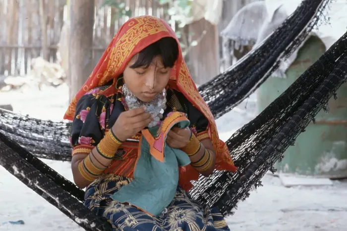 Framed Print : Girl Working on Embroidery in Hammock Framed Print : Girl Working on Embroidery in Hammock