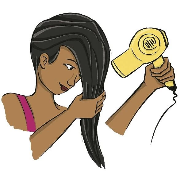 Girl wringing her long dark hair while holding blow dryer in the other hand