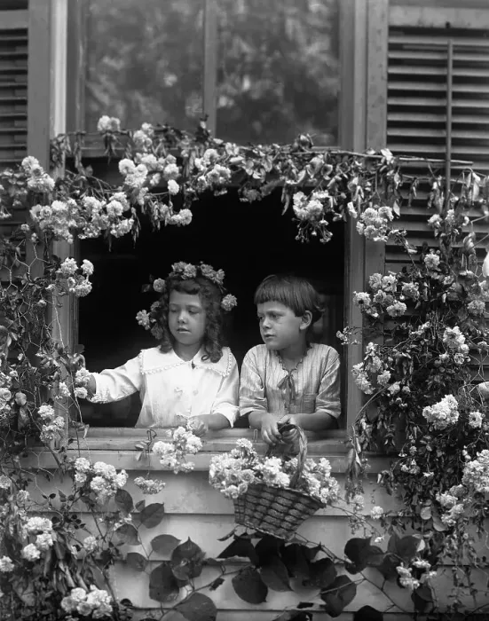 Framed Print : Two girls (8-9) standing in window surrounded with briar Framed Print : Two girls (8-9) standing in window surrounded with briar