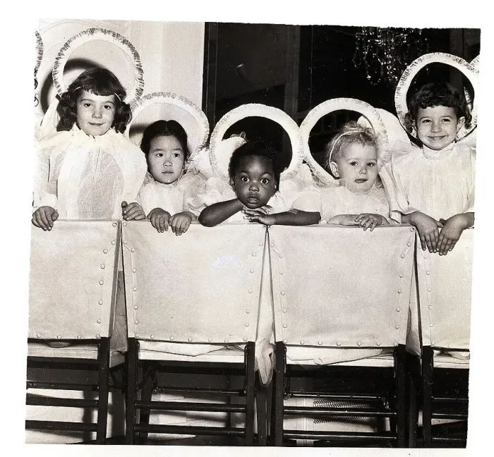 Framed Print : Girls in Angel Costumes on Chairs Framed Print : Girls in Angel Costumes on Chairs