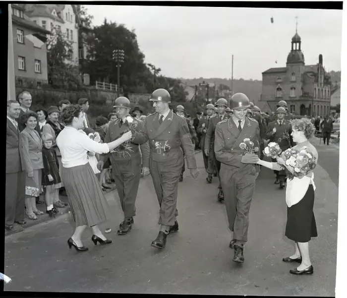 Framed Print : Girls Give Flowers To Troops Framed Print : Girls Give Flowers To Troops
