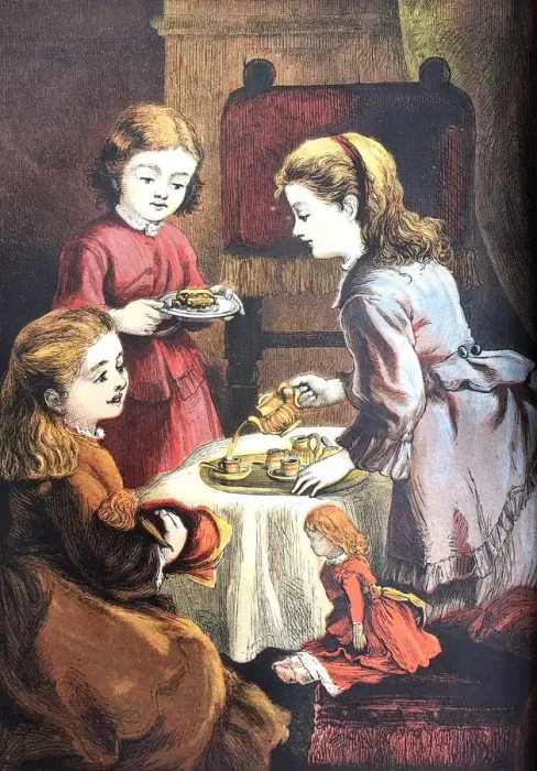 Framed Print : Three girls having a tea party in living room Framed Print : Three girls having a tea party in living room