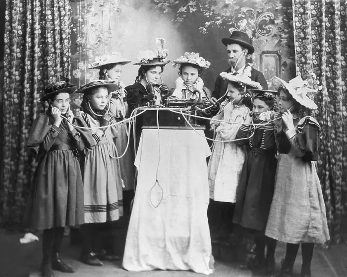 Framed Print : Girls Listening to an Early Phonograph Framed Print : Girls Listening to an Early Phonograph