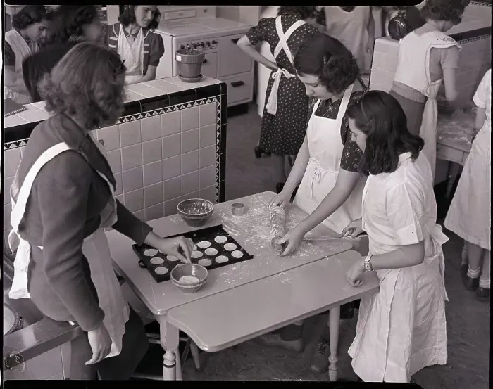 Framed Print : Girls Making Cookies in Domestic Class