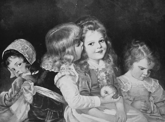 Framed Print : Four Girls Playing with an Apple, 1880, Germany, Historical, digital reproduction of an original 19th century painting, original date not known Framed Print : Four Girls Playing with an Apple, 1880, Germany, Historical, digital reproduction of an original 19th century painting, original date not known