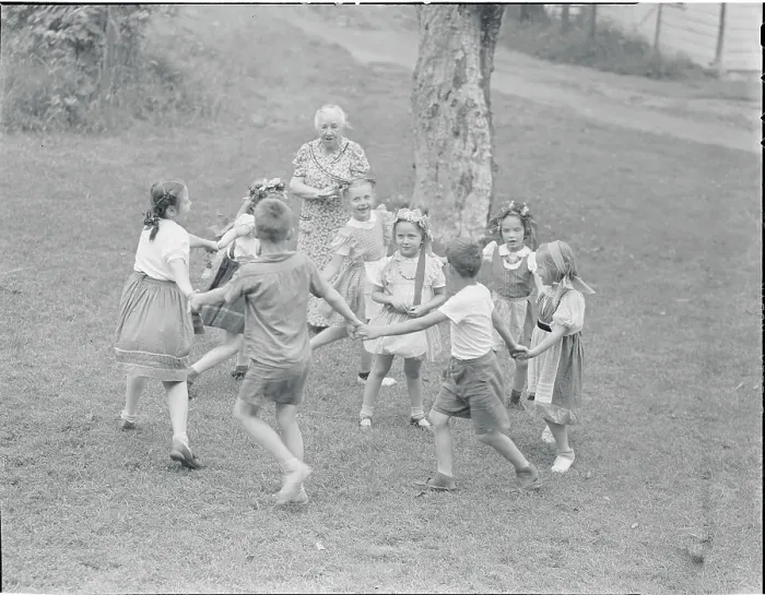 Framed Print : Girls Playing Circle Game with Elderly Chaperon Framed Print : Girls Playing Circle Game with Elderly Chaperon