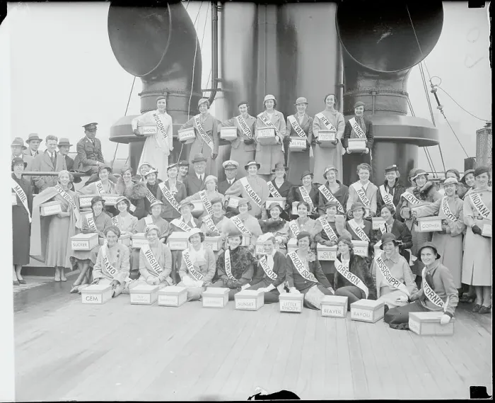 Framed Print : Girls Posing with Boxes Aboard Ship Framed Print : Girls Posing with Boxes Aboard Ship