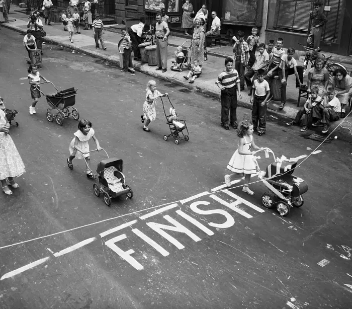 Framed Print : Girls Pushing Toy Carriage Across Finish Framed Print : Girls Pushing Toy Carriage Across Finish