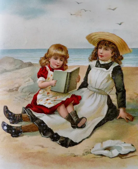 Framed Print : Two girls sitting on beach reading a book Framed Print : Two girls sitting on beach reading a book