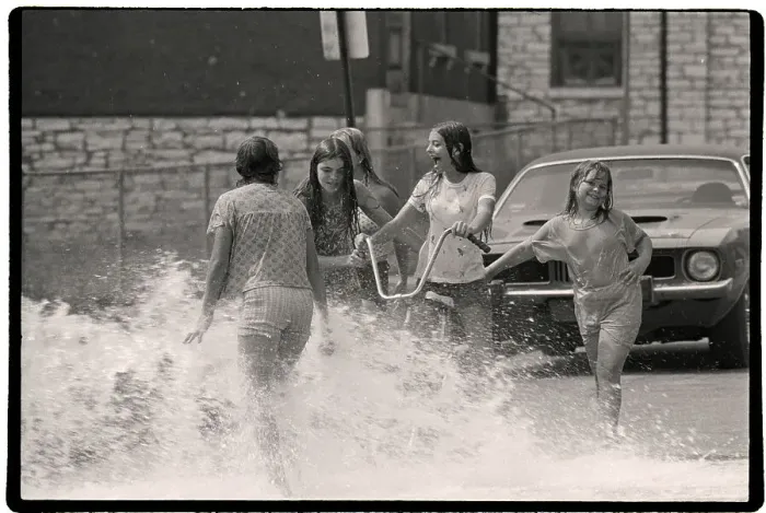 Framed Print : Girls W / Bike Play With Hydrant Framed Print : Girls W / Bike Play With Hydrant