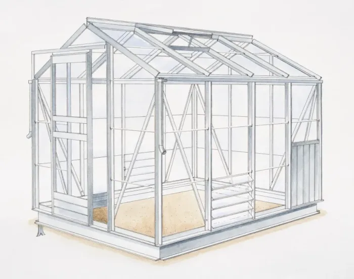 Framed Print : Empty glass greenhouse with metal frame, side view