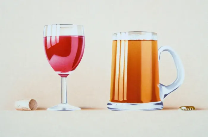Framed Print : Glass of red wine, cork, glass of beer, bottle top Framed Print : Glass of red wine, cork, glass of beer, bottle top