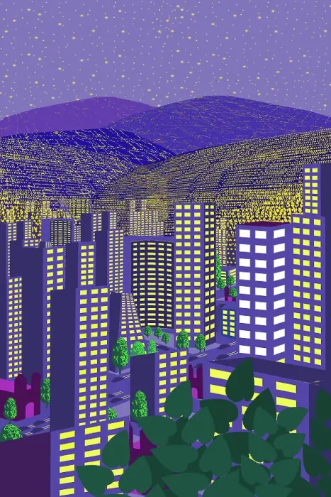 Framed Print : Glittering Downtown Skyscrapers at Night Illustration