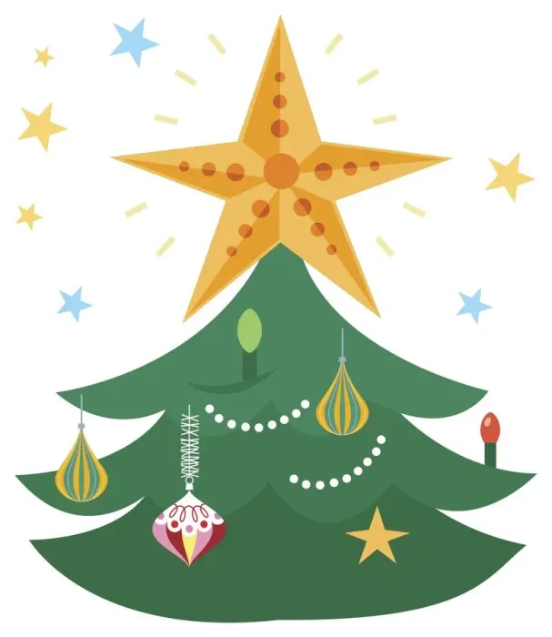 Framed Print : Glittering yellow star on top of Christmas tree decorated with baubles and colourful lights