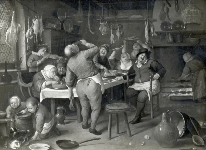 Framed Print : Gluttonous Family Feasting In Kitchen Framed Print : Gluttonous Family Feasting In Kitchen