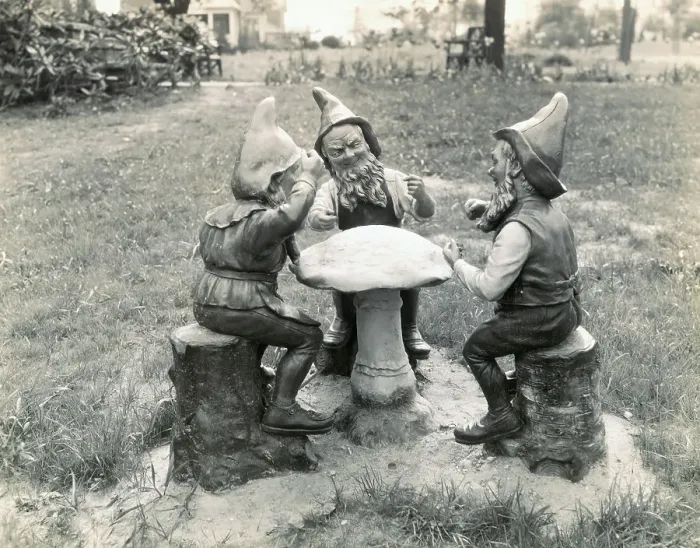 Framed Print : Gnomes Sitting Around a Mushroom Framed Print : Gnomes Sitting Around a Mushroom