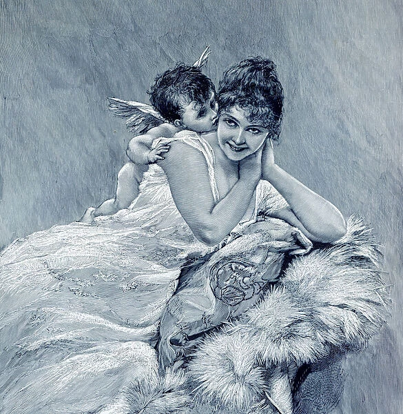 God of Love cupid kissing beautiful woman illustration 1901
