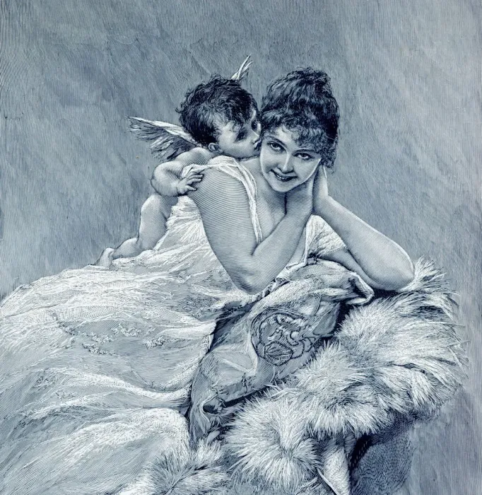 Framed Print : God of Love cupid kissing beautiful woman illustration 1901