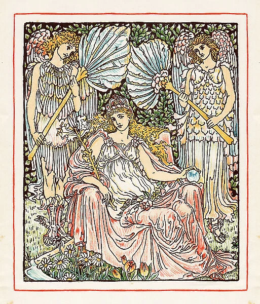 Goddess with two angels Art nouveau design book illustration 1899