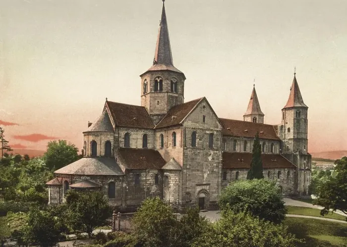 Framed Print : The Godehardi Church, Basilica of St. Godehard, in Hildesheim, Lower Saxony, Germany, Historic, Photochrome print from the 1890s Framed Print : The Godehardi Church, Basilica of St. Godehard, in Hildesheim, Lower Saxony, Germany, Historic, Photochrome print from the 1890s