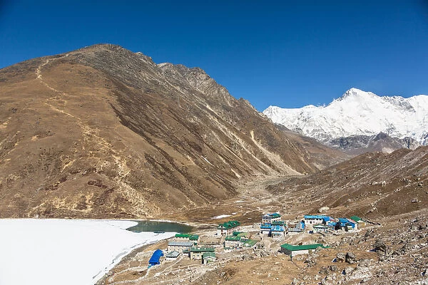 Gokyo village in Nepal with the frozen lake