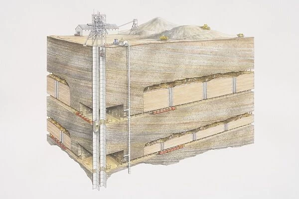 Gold mine, overground site with buildings and rubble heaps, underground cross section