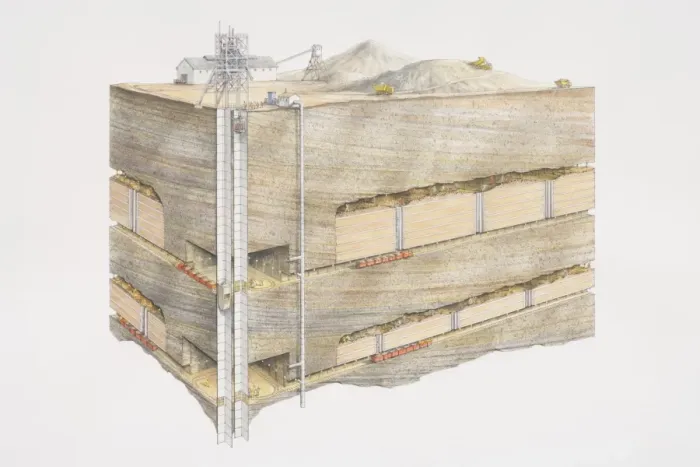 Framed Print : Gold mine, overground site with buildings and rubble heaps, underground cross section Framed Print : Gold mine, overground site with buildings and rubble heaps, underground cross section