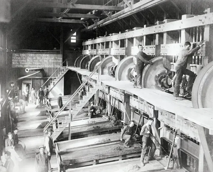 Framed Print : Gold Stamp Mill Interior W / Busy Workers
