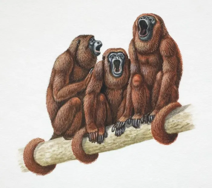 Framed Print : Three Golden Lion Tamarins, Leontopithecus rosalia, sitting with tails wrapped around tree branch and mouths wide open, front view Framed Print : Three Golden Lion Tamarins, Leontopithecus rosalia, sitting with tails wrapped around tree branch and mouths wide open, front view