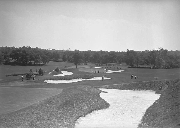 Golf course, (B&W), elevated view